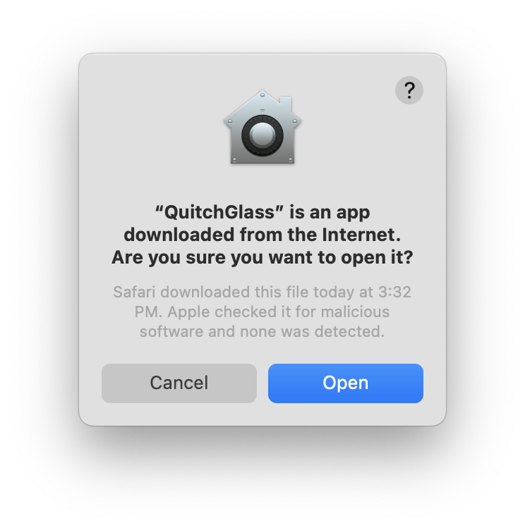 Dialog that appears when opening QuitchGlass for the first time