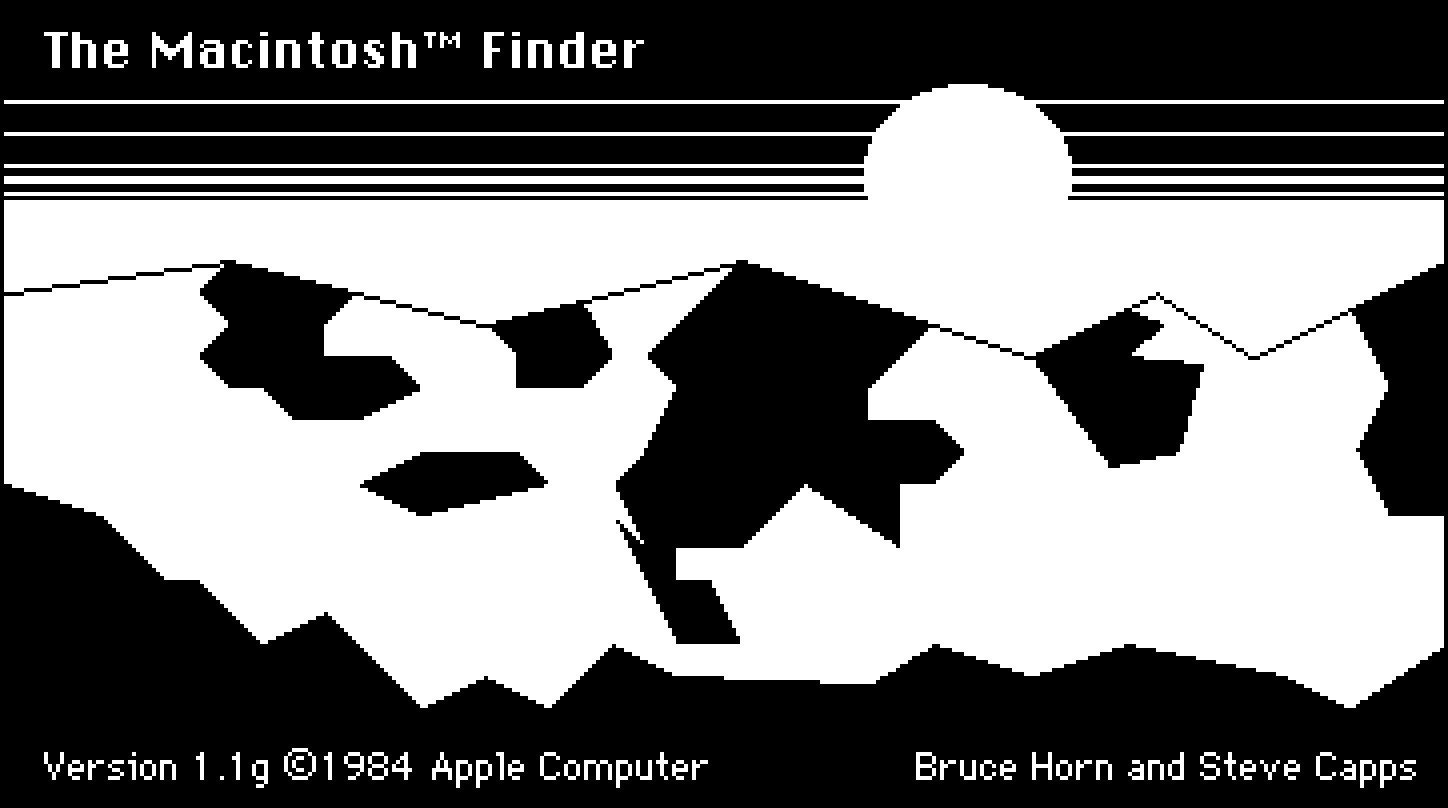 The "secret About screen" from the classic Macintosh Finder. It shows a somewhat abstract black-and-white image of the Sierra(?) mountain range with the sun setting behind it.