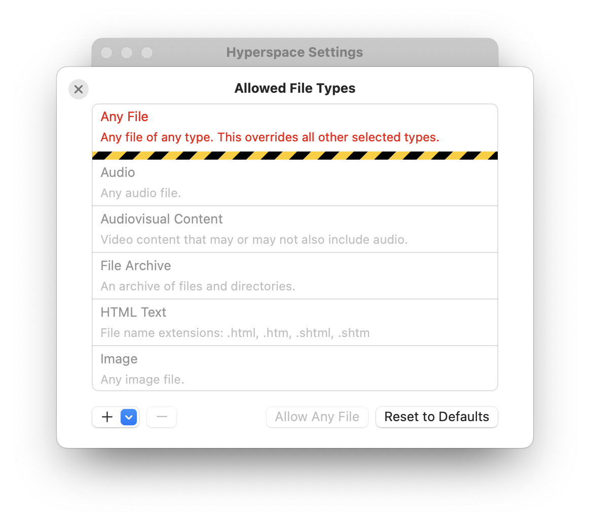 The list of allowed file types with an “any file type” item overriding them all